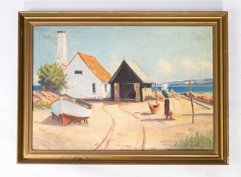 Oil painting with beach motif and gilded frame, with an unknown signature from 
the 1930s. 
5000m2 showroom.
