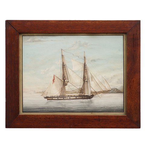 Lille skibsakvarel signeret "Petersen". Ca. år 
1860. Lysmål: 19x24cm. Med ramme: 25x30cm