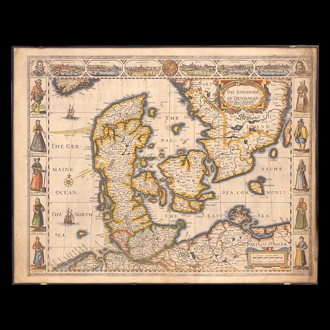 Kobberstukket og koloreret Danmarkskort . "The 
Kingdom of Denmarke". Udgivet ca. år 1676. Mål: 
42x54cm