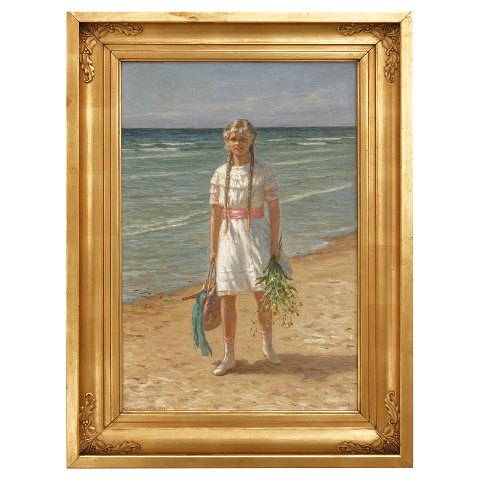 N. F. Schiøttz-Jensen, 1855-1941, oil on canvas. 
"Young girl at the beach". Signed and dated 1918. 
Visible size: 64x42cm. With frame: 82x60cm