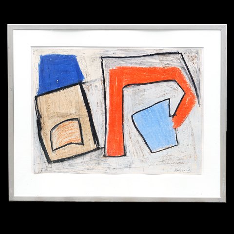 Robert Jacobsen abstrakt motiv. Robert Jacobsen, 
1912-93. Oliekridt på kraftigt papir. Abstrakt 
komposition. Signeret. Lysmål: 50x65cm. Med ramme: 
71x84cm