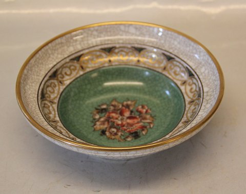 127-498 DJ Green Craquelé bowl 6 x 18.5 cm with gold and flowers Dahl Jensen