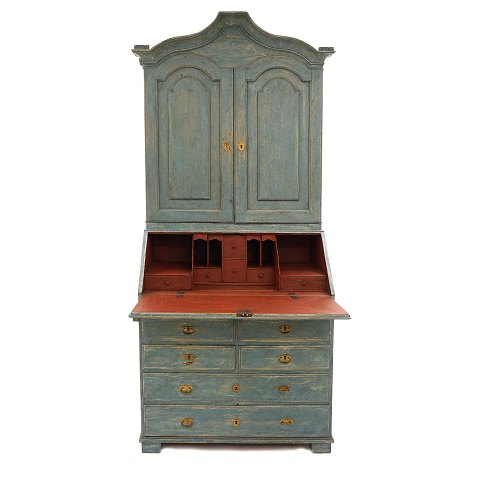 Mid 18th century blue/green/red decorated Baroque 
bureau. Sweden circa 1750. H: 230cm. W: 98cm. D: 
97cm