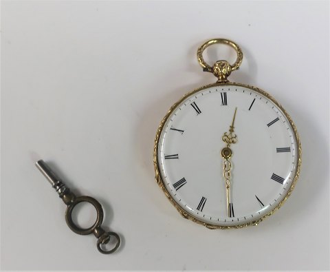 18K guldlommeur. Diameter 41 mm. Nøgle medfølger. Uret virker. Produceret ca. 
1850