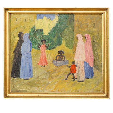 Olivia Holm-Møller, 1875-1970, Öl auf Leinen. 
Stadtpartie mit Frauen und Kindern. Signiert. 
Lichtmasse: 67x78cm. Mit Rahmen: 79x90cm