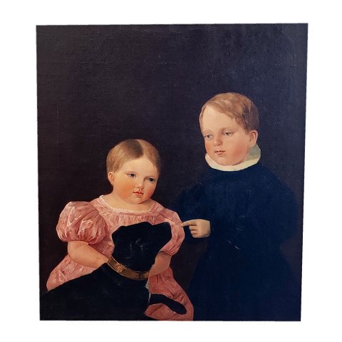 Danish painting, oil, siblings with a dog