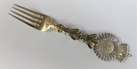 Michelsen. Sterling silver gold plated. Commemorative fork 1921. The wedding of 
Princess Margrethe and René of Bourbon-Parma.