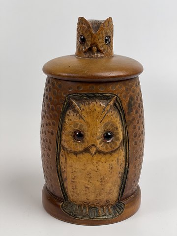 Old tobacco jar / tobacco box with owl carved in wood