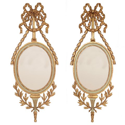 Pair of rare Louis XVI "Liselund" gilt mirrors 
made for the castle "Liselund", Seeland, by J. C. 
Lillie, Denmark circa 1790. H: 132cm. W: 54cm