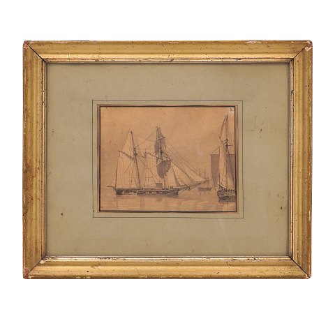 C. W. Eckersberg, 1783-1853, tegning med 
marinemotiv. Lysmål: 12,5x16cm. Med ramme: 
27,5x33cm