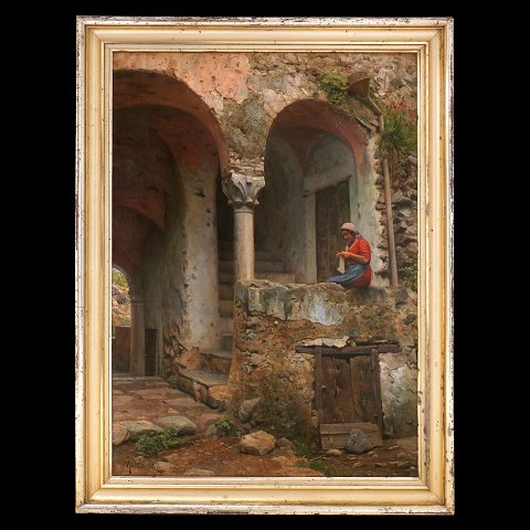 Peder Mønsted maleri. Peder Mønsted, 1859-1941, 
olie på lærred. Parti fra Ravello, Italien, 
signeret og dateret 1927. Betegnet "Trappeopgang i 
en gammel Gaard - Ravello". Lysmål: 99x69cm. Med 
ramme: 114x84cm