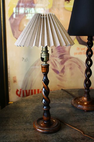 Old English table lamp in dark twisted wood with pleated fabric lampshade in 
linen...