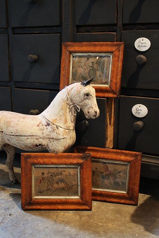 3 old 1800s drawings with horse motifs each framed in birch wood frames with 
silver edging...