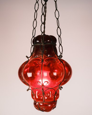Lamp/Grid Pendant - Ruby Red Glass - Venetian Style - 1950sGreat condition
