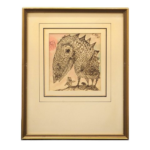 Carl-Henning Pedersen, 1913-2007, mixed media, 
akvarel og blæk. Figur komposition signeret og 
dateret 1947. Lysmål: 16x14cm. Med ramme: 33x26cm
