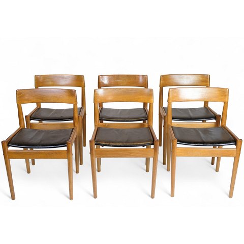 Set of 6 Dining Chairs - Model P H 3-2 - Teak and Black Leather - Grete Jalk - P. Jeppesen - 1960s