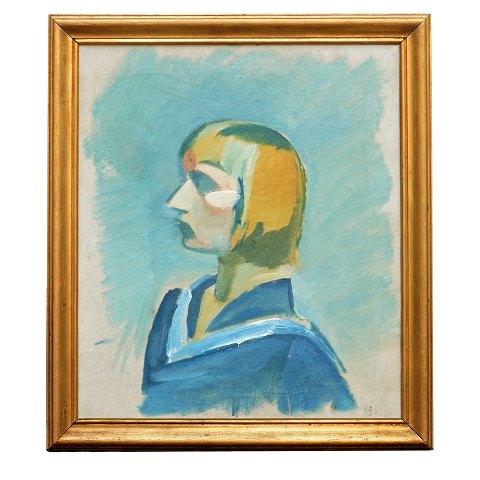 Harald Giersing maleri. Harald Giersing, 
1881-1927, olie på lærred. Portræt af kunstnerens 
hustru Besse Giersing. Signeret. Udstillet på 
kunstnerens mindeudstilling 1927 og med stempel 
herfra. Lysmål: 60x50cm. Md ramme: 70x60cm