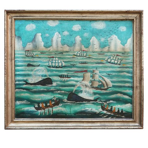 Parti med hvalfangere foran Grønlands kyst, olie 
på lærred Signeret og dateret "Landenne 55" (år 
1855). Betitlet "Valfiske Utanför Grönlands-Kust". 
Lysmål: 61x72cm. Med ramme: 72x83cm