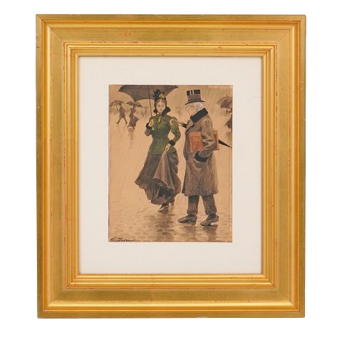 Paul Fischer, 1860-1934, ink and water color. A 
couple walking in the rain. Signed Paul Fischer. 
Visible size: 24x19cm. With frame: 46x41cm