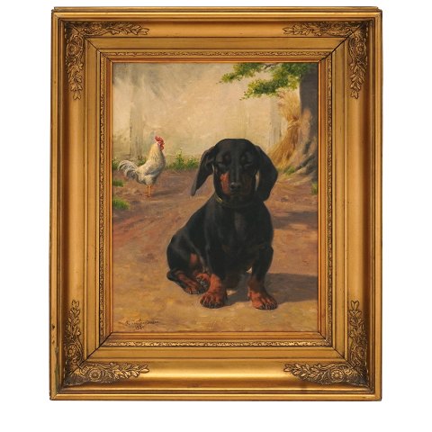 Simon Simonsen, 1841-1928, Öl auf Leinen. Dackel 
mit Huhn. Signiert und datiert 1920. Lichtmasse: 
38x27cm. Mit Rahmen: 54x43cm