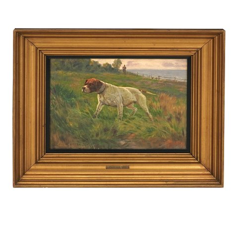 Simon Simonsen maleri. Simon Simonsen, 1841-1928, 
olie på lærred. Motiv i form af pointer med jæger. 
Signeret Simon Simonsen og dateret 1917. Lysmål: 
23x32cm. Med ramme: 39x48cm
