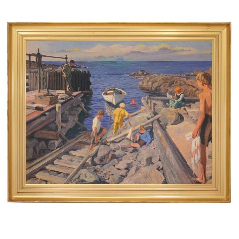 Erik William Johnsen, 1886-1948, olie på lærred. 
Stort sommermotiv fra Bornholm. Signeret. Lysmål: 
93x120cm. Med ramme: 110x137cm
