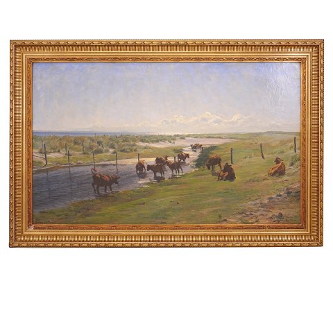 Gotfred Rode maleri. Gotfred Rode, 1862-1937, olie 
på lærred. Stort parti med køer på mark. Signeret. 
Lysmål: 85x140cm. Med ramme: 111x164cm