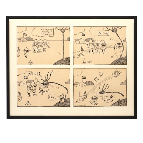 Storm P. Tegning. Robert Storm Petersen, 1882-1949, blyant og tusch. Fire originaltegninger bragt i "Verden og Vi" 1913-16, hvor "De Tre Små Mænd" og "Nummermanden" blev introduceret. Hver tegning måler ca. 20x27cm. Mål med ramme: 52x65cm