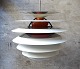 Poul Henningsen: "Contrast". Pendant with white- and orange-lacquered metal 
lamellas.