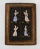 Antikt Persisk rejsespejl, intarsia arbejde, dansende personer, 1800 tallet.