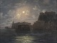 "Southern harbor party in moonlight" Oil painting on plate.