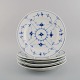 Six Royal Copenhagen Blue Fluted Plain dinner plates. Model number 1/175. Dated 
1949.
