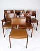 Set of 6 dining chairs, model 80, in rosewood and cognac colored leather 
designed by N.O. Møller. 
5000m2 showroom.