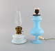 Antique petroleum burner and lamp in mouth-blown opal art glass. Approx. 1900.
