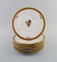 Eight Royal Copenhagen Golden Basket plates in porcelain with flowers and gold 
decoration. Model number 595/10520.
