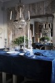 Large old French damask woven linen tablecloth with floral motifs in fine 
quality in beautiful deep blue color.  500x190cm.