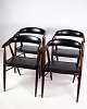 Set of four rosewood chairs in black leather designed by Aksel Bender and Ejnar 
Larsen manufactured by furniture factory Norden in the 1960s.
Dimensions in cm: H: 72.5 W: 52 D: 41 SH: 44
Great condition
