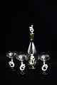 BIMINI LAUSCHA Art Deco liqueur crystal glass, 4 pcs. + carafe from 1920 in 
smoky glass with floral sandings and little mermaid carrying the glass ...