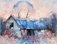 Søren Edsberg (b. 1945), Denmark. Oil on canvas.
Farm at sunset on a cold winters day.