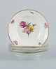 B&G, Bing & Grondahl Saxon flower.
Five deep plates decorated with flowers and gold rim.