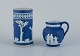 Adams, England, cylindrical vase and creamer in biscuit porcelain.
Classic scenes.