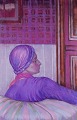 Olga Lau (1875-1960), dansk kunstner. 
Olie på lærred.
Stort maleri. Siddende rygvendt kvinde i dybe tanker.
