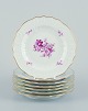 Meissen, Germany. A set of seven porcelain plates hand-painted with purple 
flower decoration and gold trim.