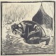 Olivia Holm-Møller, Denmark.
Woodcut depicting a kneeling figure in front of a tent. Signed with the 
monogram "OHM".