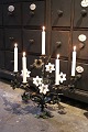 K&Co. presents: Antique French church candlestick in very dark patina, decorated with 5 old white opal glass ...