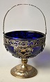 Large silver sugar bowl with cobalt blue glass insert, ...