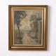 Osted Antik & Design presents: Painting on Board with Rural Farmhouse Motif in Gilt Frame from the 1930s