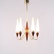 Osted Antik & Design presents: Bent Karlby Five Arm Chandelier in Brass and Teak with Opal Glass for Lyfa 1960s