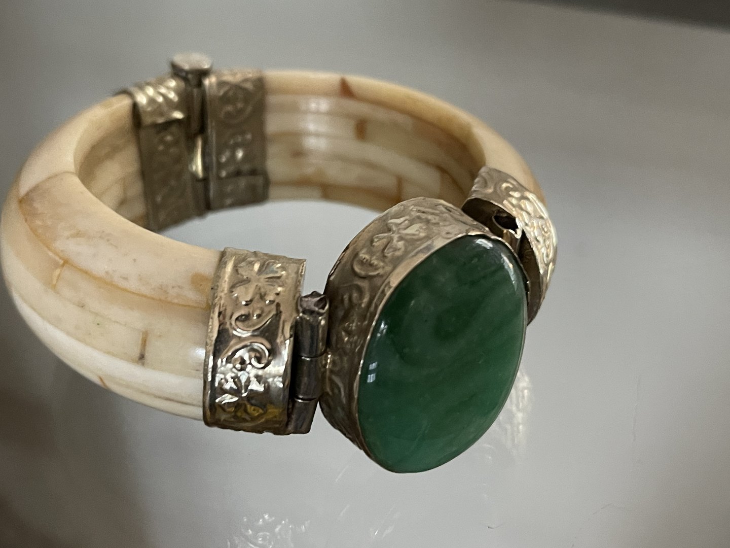 Superb Antique Art Deco Chinese Gold Gilt Silver Repousse Green Jade  Bracelet - Etsy