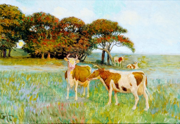 Gerhard Heilmann 1859-1946, oil on canvas, signed, monogrammed GH. Cows on the 
field.